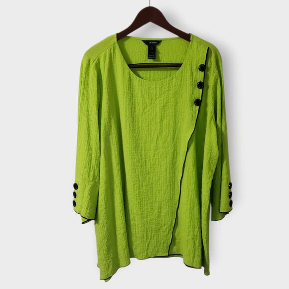 Ali Miles 2X Neon Green Crinkled Button Decor Asymmetric Tunic Top Lagen Artsy - Picture 1 of 12